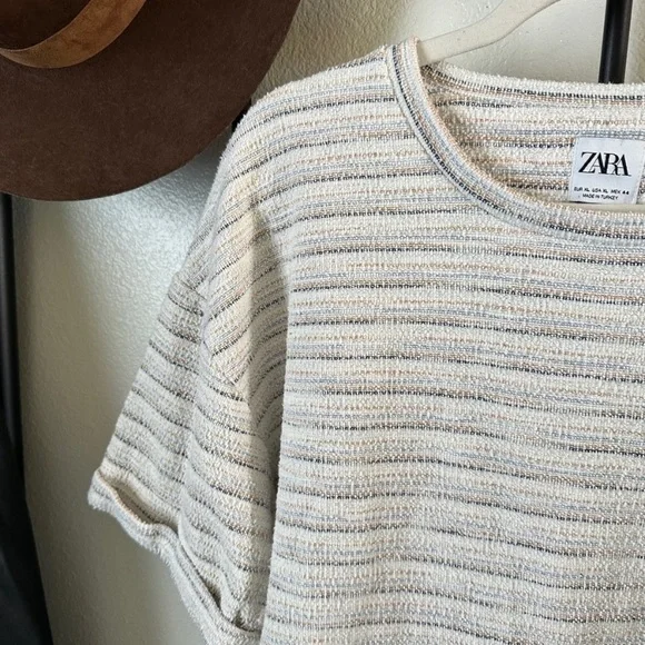 Zara Textured Knit Striped Oversized T-Shirt Top Tee - Picture 4 of 6